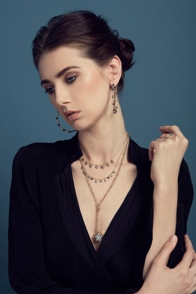 AMMANII Multi-Strand Moon and Stars Charm Pavé Necklace in Vermeil Gold and Black Ruthenium - AMMANII
