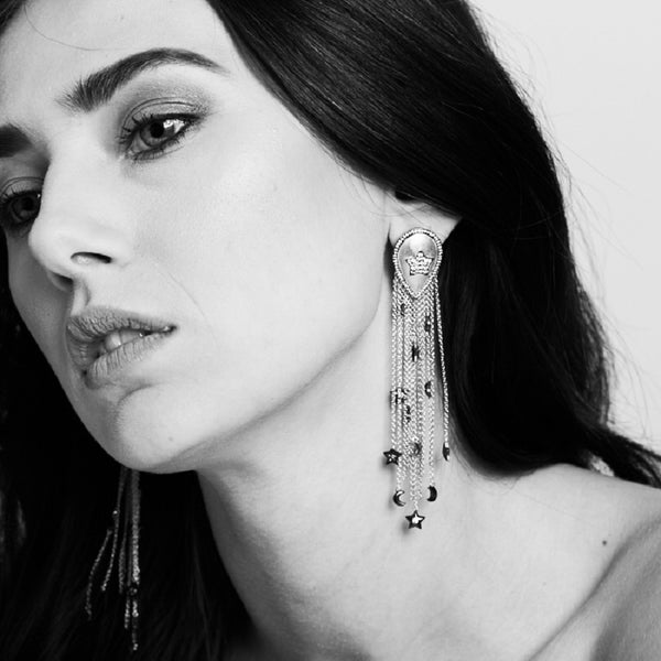 AMMANII Pavé Stars and Moons Drop Earrings with Tassels and Charms in Rhodium - AMMANII