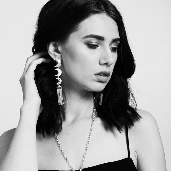 AMMANII Linear Guardian Moon Earrings with Protective in White Rhodium - AMMANII