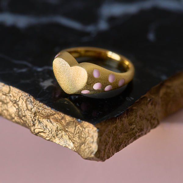 AMMANII Heart-Shaped Signet Ring with Polkadot Enamel in Vermeil Gold