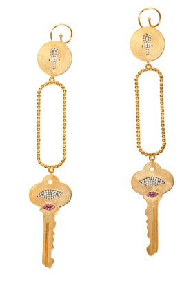AMMANII Key Earrings with Protective Eye and Ankh in Vermeil Gold - AMMANII