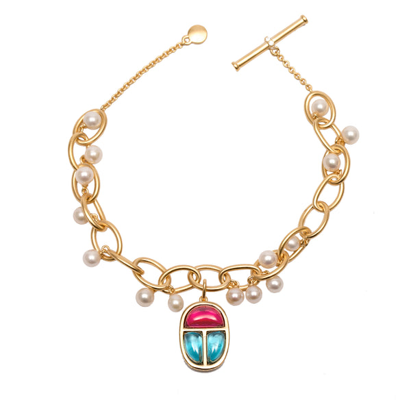AMMANII Scarab Amulet Charm Link Bracelet with Freshwater Pearls in Vermeil Gold - AMMANII