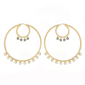AMMANII Statement Hoop Earrings with Star Charms and Freshwater Pearls in Vermeil Gold - AMMANII