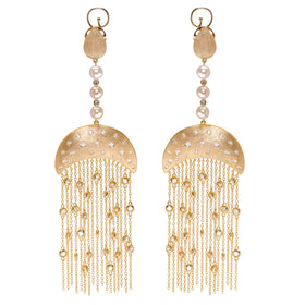 AMMANII Statement Pavé Drop Earrings with Freshwater Pearls and Tassels in Vermeil Gold - AMMANII