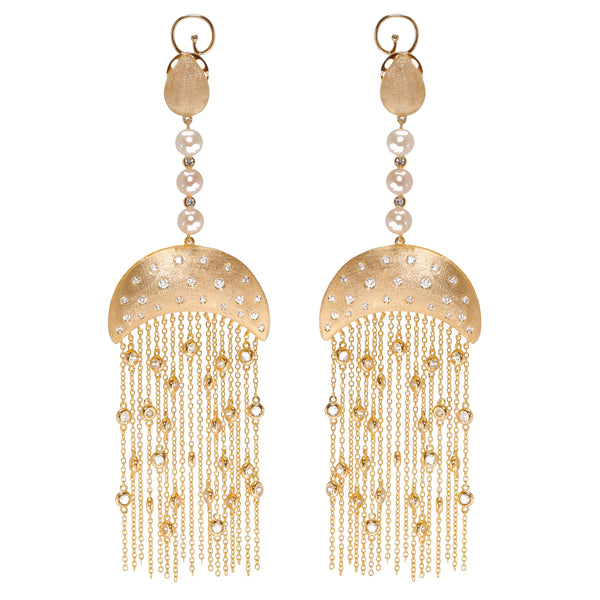 AMMANII Statement Pavé Drop Earrings with Freshwater Pearls and Tassels in Vermeil Gold - AMMANII