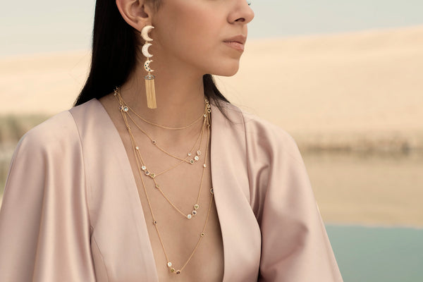 AMMANII Linear Guardian Pavé Moon Earrings with Evil Eye Tassels in Vermeil Gold - AMMANII