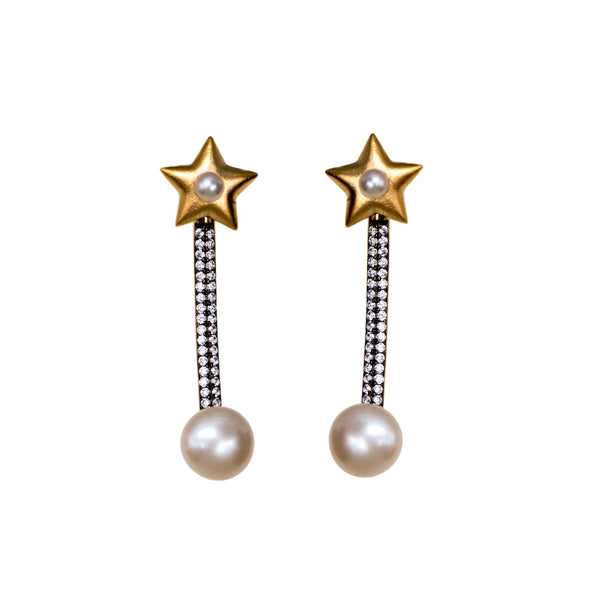 AMMANII Studded Star Jacket Earrings with Freshwater Pearls in Vermeil Gold - AMMANII