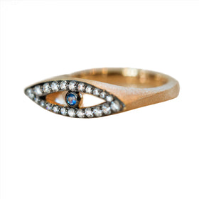 AMMANII Studded Evil Eye Ring with Blue Topaz Center in Vermeil Gold - AMMANII