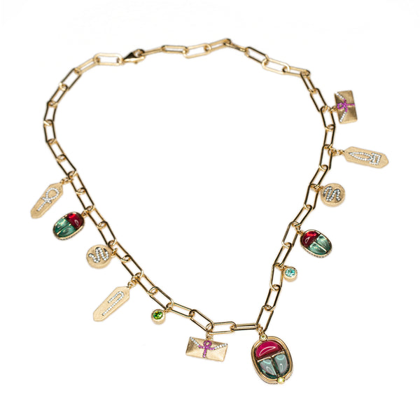 AMMANII The Queen's Scarab Necklace with Gemstones and Amulets in Vermeil Gold - AMMANII