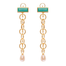AMMANII Drop Link Chrysoprase Earrings with  Pearls in Vermeil Gold - AMMANII