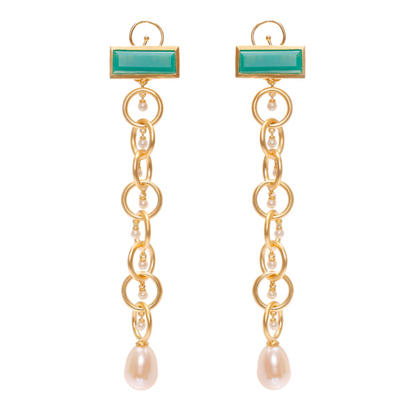 AMMANII Drop Link Chrysoprase Earrings with  Pearls in Vermeil Gold - AMMANII