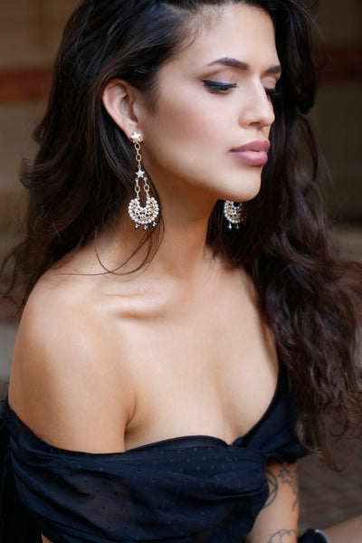 AMMANII Statement Drop Earrings with Pavé Star, Moon and  Freshwater Pearls in Vermeil Gold - AMMANII