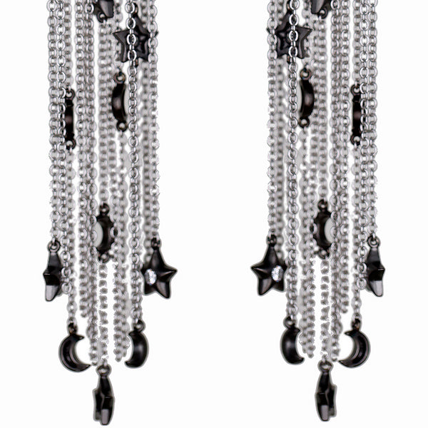 AMMANII Pavé Stars and Moons Drop Earrings with Tassels and Charms in Rhodium - AMMANII