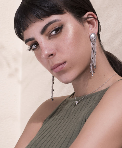 AMMANII Pavé Stars and Moons Drop Earrings with Tassels and Charms in Rhodium - AMMANII
