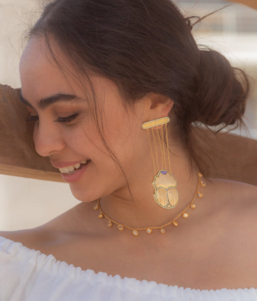 AMMANII Scarab Statement Drop Earrings in Vermeil Gold - AMMANII