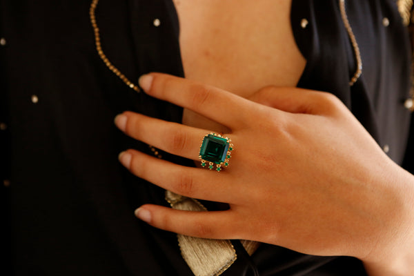 AMMANII Emerald Green Statement Queen's Crown Ring in Vermeil Gold - AMMANII
