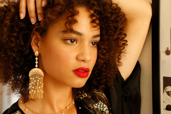 AMMANII Statement Pavé Drop Earrings with Freshwater Pearls and Tassels in Vermeil Gold - AMMANII