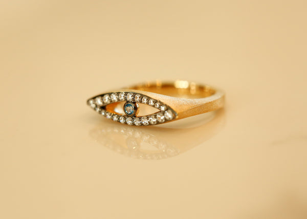 AMMANII Studded Evil Eye Ring with Blue Topaz Center in Vermeil Gold - AMMANII