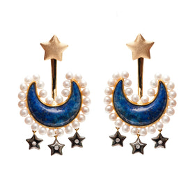 AMMANII Lapis Lazuli with Pearls Moon and Star Ear Jacket Earrings in Vermeil Gold - AMMANII