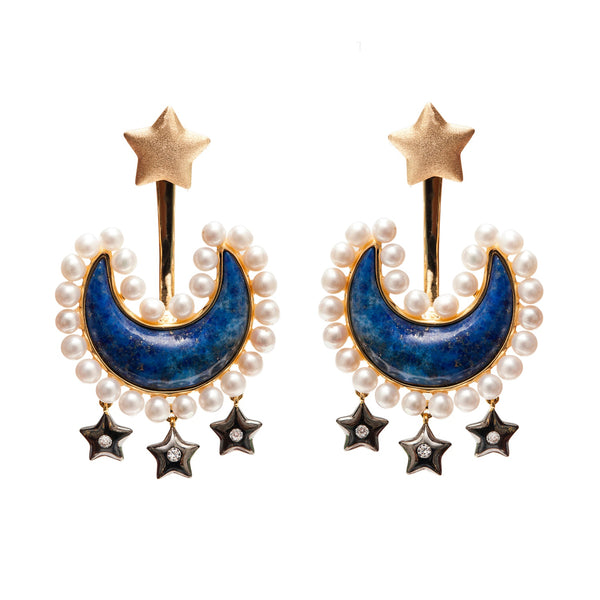 AMMANII Lapis Lazuli with Pearls Moon and Star Ear Jacket Earrings in Vermeil Gold - AMMANII