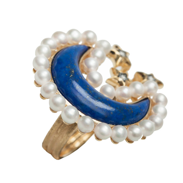 AMMANII Lapis Lazuli and Freshwater Pearls Moon with Stars Ring in Vermeil Gold - AMMANII