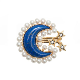 AMMANII Lapis Lazuli and Freshwater Pearls Moon with Stars Ring in Vermeil Gold - AMMANII