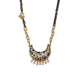 AMMANII Lapis Lazuli Moon Necklace with Freshwater Pearl Charms in Vermeil Gold - AMMANII