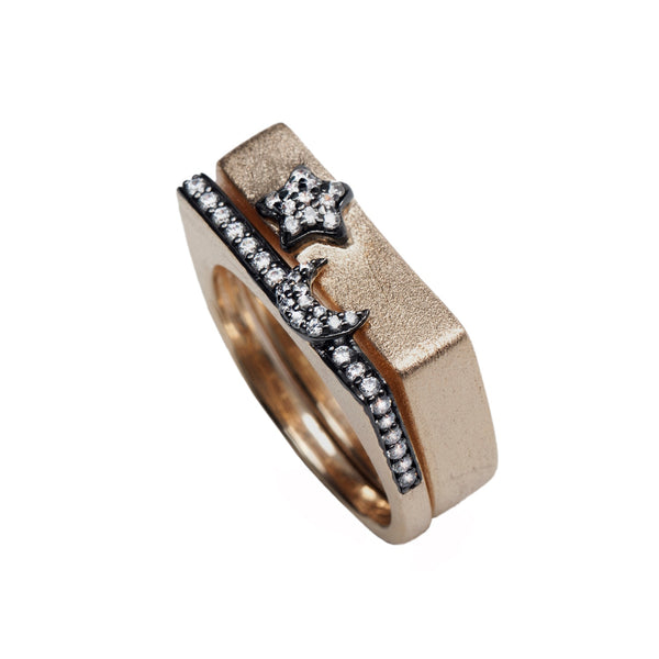 AMMANII Pavé Star and Moon Stackable Rings in Vermeil Gold - AMMANII