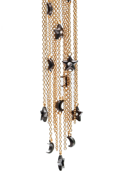 AMMANII Pavé Stars and Moons Drop Earrings with Tassels and Charms in Vermeil Gold - AMMANII