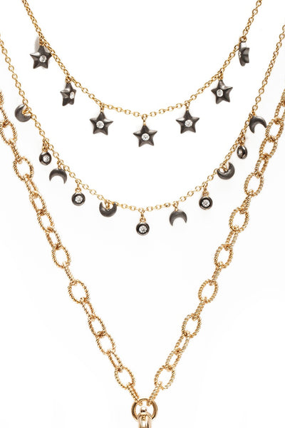 AMMANII Multi-Strand Moon and Stars Charm Pavé Necklace in Vermeil Gold and Black Ruthenium - AMMANII
