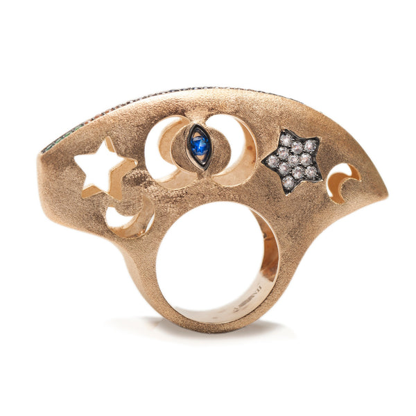 AMMANII Statement Dome Ring with Colored Gemstones and Pavé Star in Vermeil Gold - AMMANII