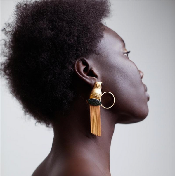 AMMANNI Pavé Mix and Match Bird and Hoop Statement Earrings with Tassels in Vermeil Gold - AMMANII