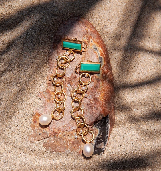 AMMANII Drop Link Chrysoprase Earrings with  Pearls in Vermeil Gold - AMMANII