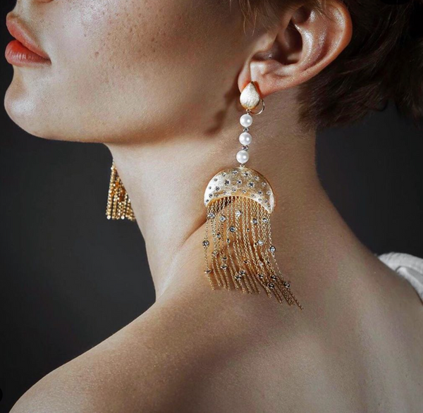 AMMANII Statement Pavé Drop Earrings with Freshwater Pearls and Tassels in Vermeil Gold - AMMANII