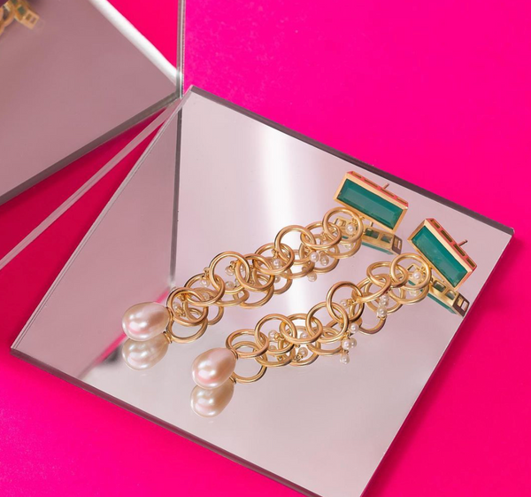 AMMANII Drop Link Chrysoprase Earrings with  Pearls in Vermeil Gold - AMMANII