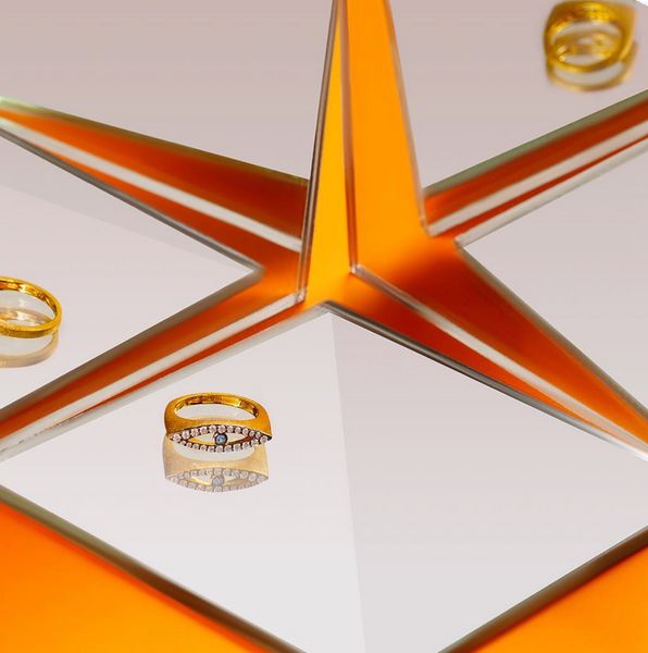 AMMANII Studded Evil Eye Ring with Blue Topaz Center in Vermeil Gold - AMMANII