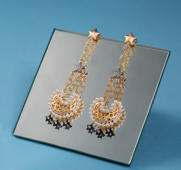 AMMANII Statement Drop Earrings with Pavé Star, Moon and  Freshwater Pearls in Vermeil Gold - AMMANII
