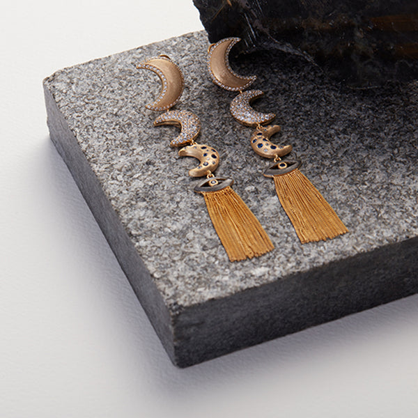 AMMANII Linear Guardian Pavé Moon Earrings with Evil Eye Tassels in Vermeil Gold - AMMANII