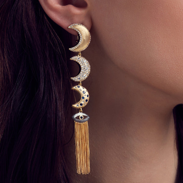 AMMANII Linear Guardian Pavé Moon Earrings with Evil Eye Tassels in Vermeil Gold - AMMANII
