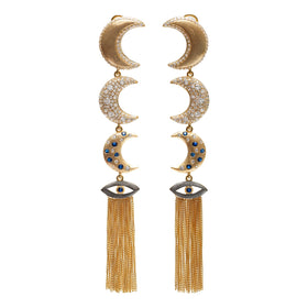 AMMANII Linear Guardian Pavé Moon Earrings with Evil Eye Tassels in Vermeil Gold - AMMANII