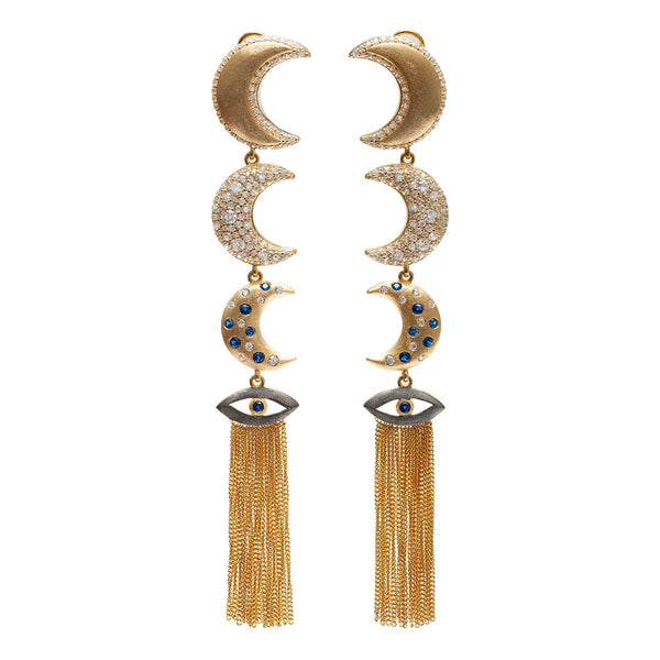 AMMANII Linear Guardian Pavé Moon Earrings with Evil Eye Tassels in Vermeil Gold - AMMANII