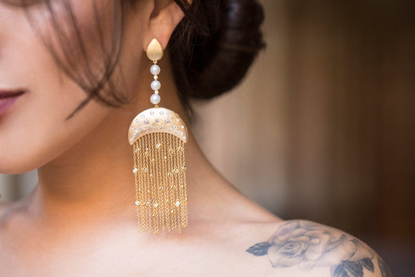 AMMANII Statement Pavé Drop Earrings with Freshwater Pearls and Tassels in Vermeil Gold - AMMANII