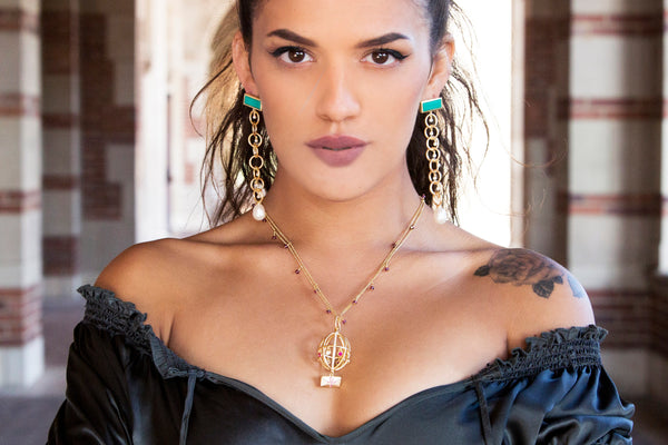 AMMANII Drop Link Chrysoprase Earrings with  Pearls in Vermeil Gold - AMMANII