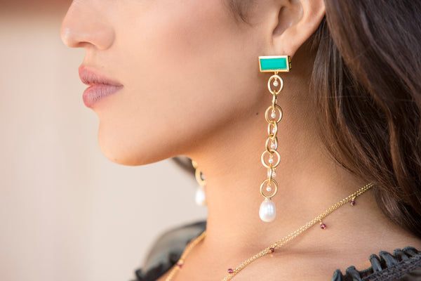 AMMANII Drop Link Chrysoprase Earrings with  Pearls in Vermeil Gold - AMMANII
