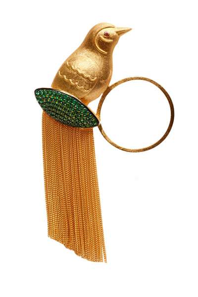 AMMANNI Pavé Mix and Match Bird and Hoop Statement Earrings with Tassels in Vermeil Gold - AMMANII