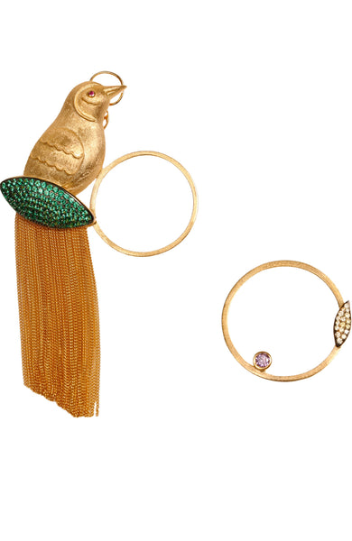 AMMANNI Pavé Mix and Match Bird and Hoop Statement Earrings with Tassels in Vermeil Gold - AMMANII
