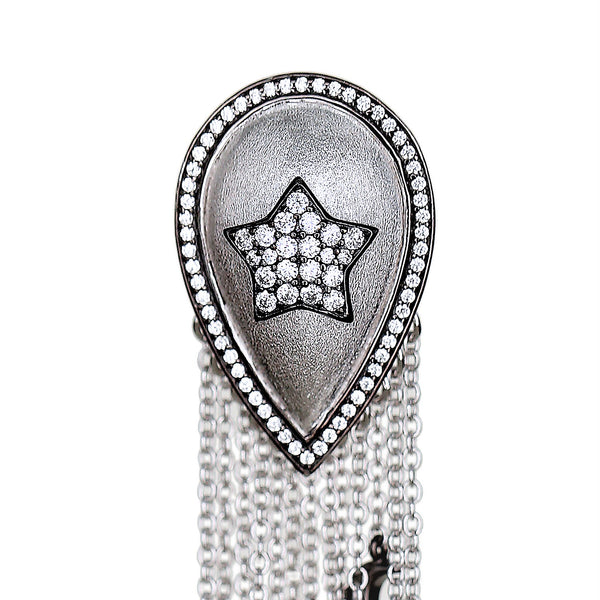 AMMANII Pavé Stars and Moons Drop Earrings with Tassels and Charms in Rhodium - AMMANII