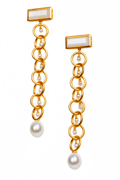 AMMANII Drop Link Moonstone Earrings with Freshwater Pearls in Vermeil Gold - AMMANII