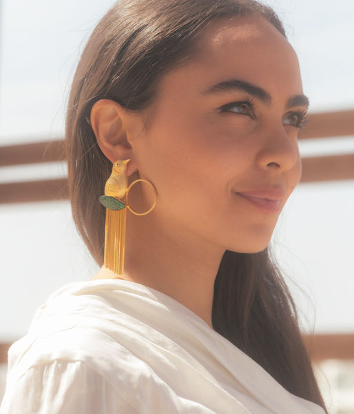 AMMANNI Pavé Mix and Match Bird and Hoop Statement Earrings with Tassels in Vermeil Gold - AMMANII