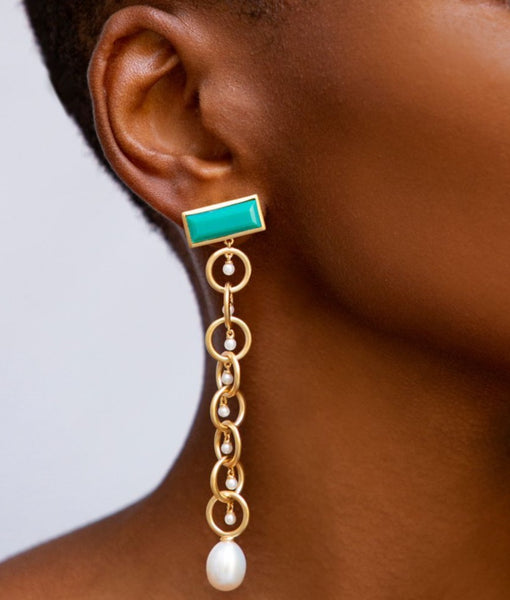 AMMANII Drop Link Chrysoprase Earrings with  Pearls in Vermeil Gold - AMMANII
